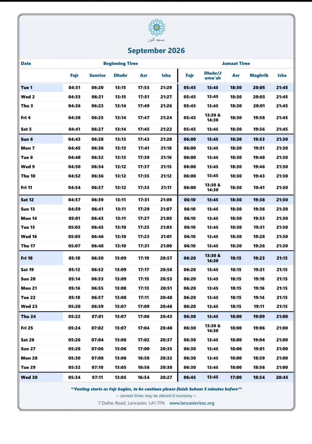 Timetable published by Lancaster Islamic Society (Masjid Al Noor) for September 2026