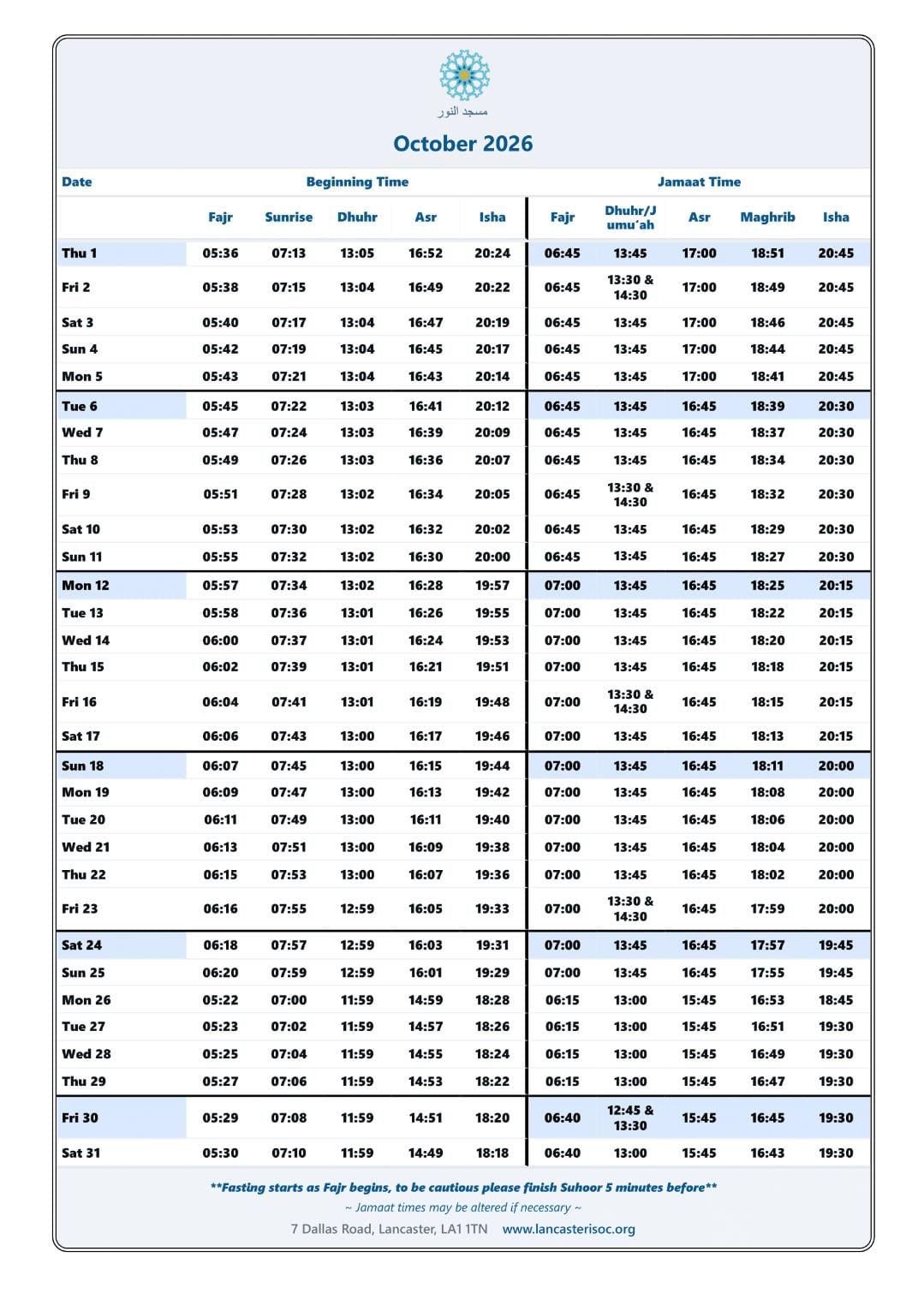 Timetable published by Masjid al Noor (Lancaster Islamic Society) for October 2026