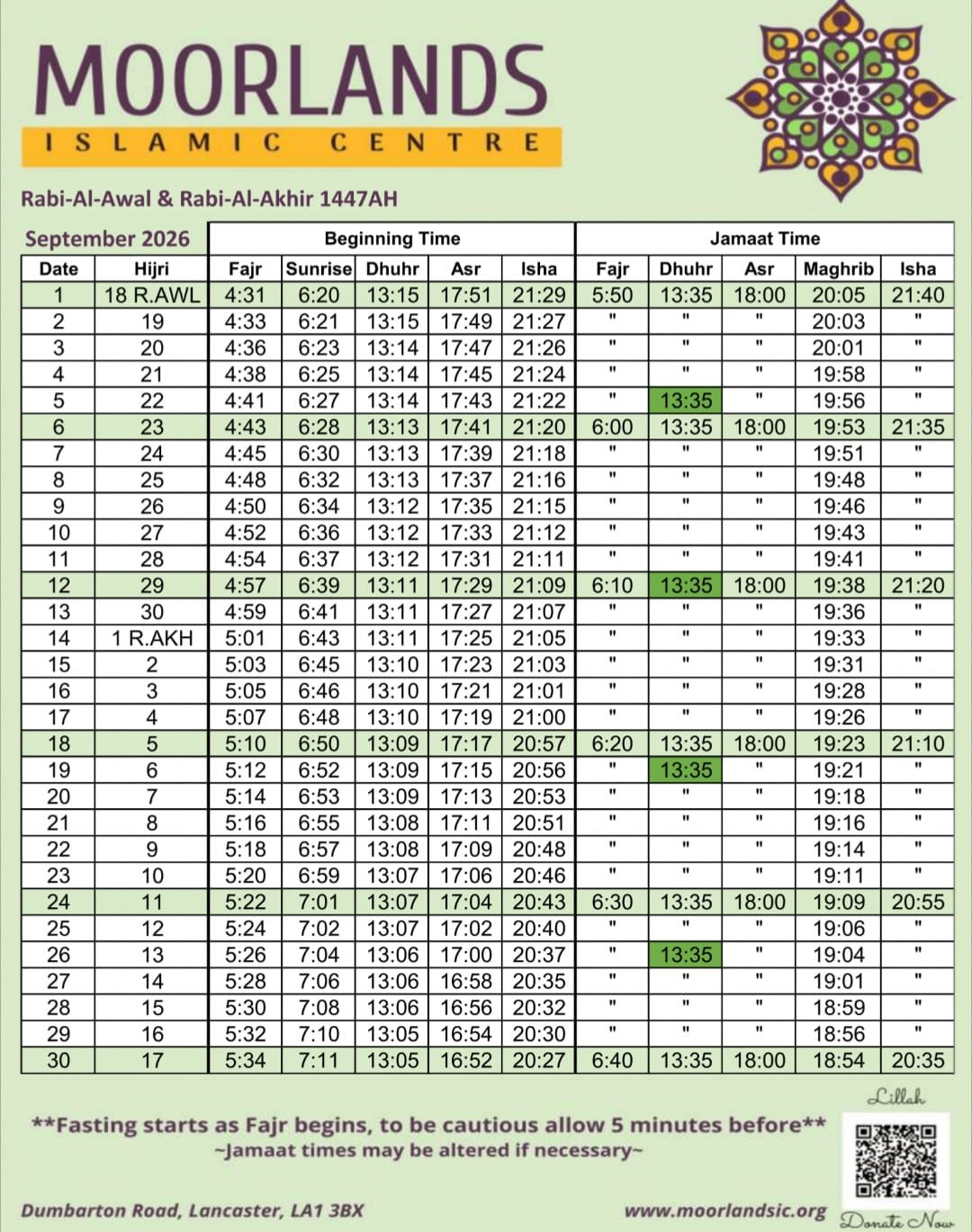 Timetable published by Moorlands Islamic Centre for September 2026