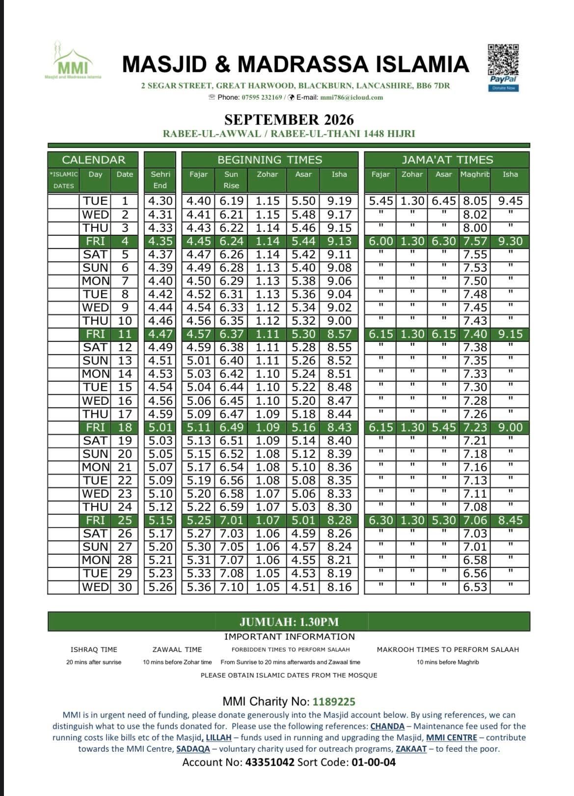 Timetable published by Masjid & Madrassa Islamia for September 2026