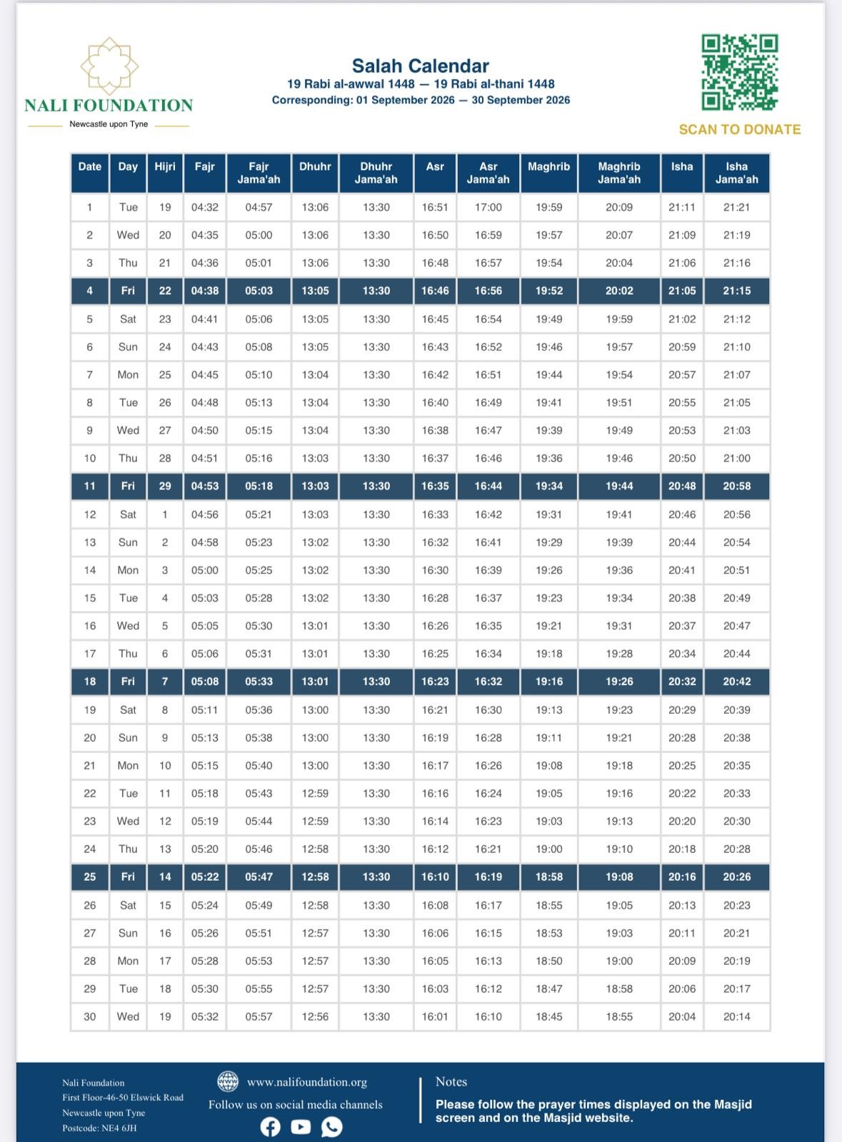 Timetable published by Nali Foundation for September 2026