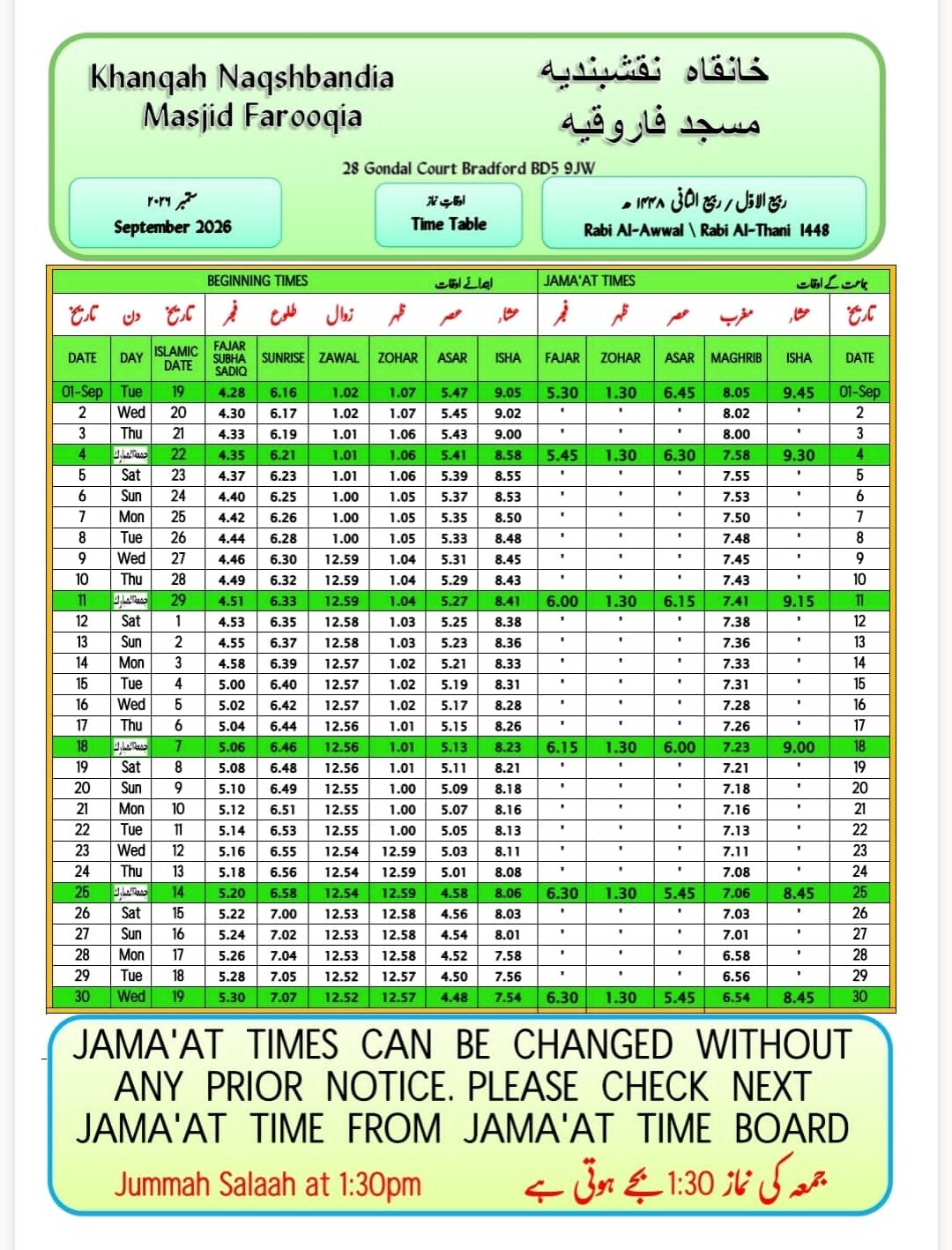 Timetable published by Masjid Farooqia (Masjid Umar) for September 2026