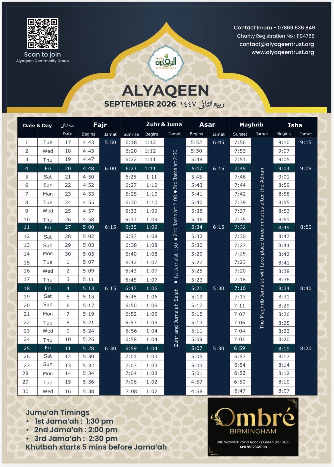 Timetable published by Alyaqeen Academy for September 2026