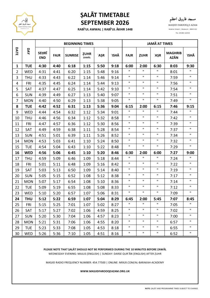 Timetable published by Masjid Farooq e Azam for September 2026