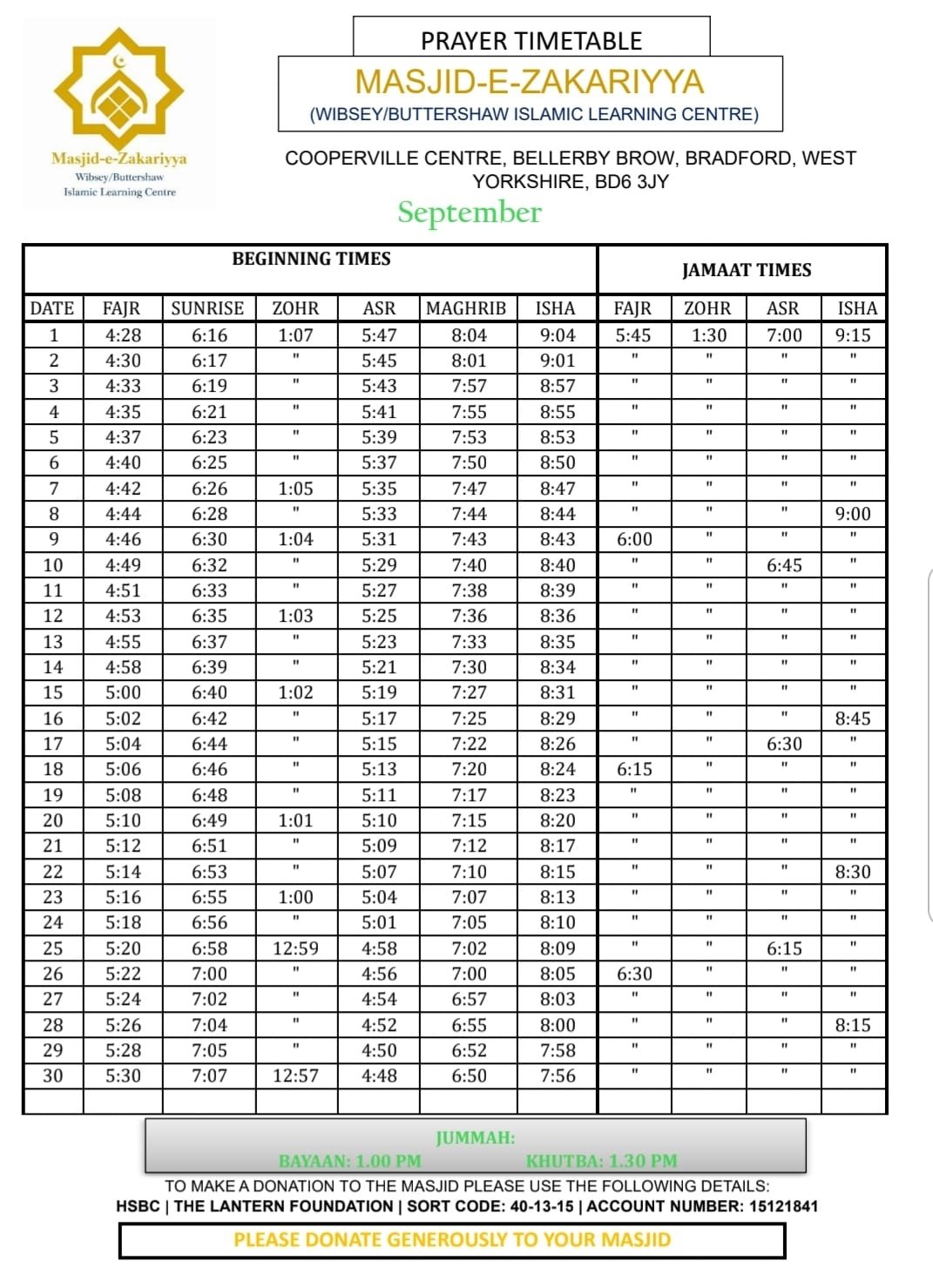 Timetable published by Masjid Zakariyya (Wibsey & Buttershaw Learning Centre) for September 2026