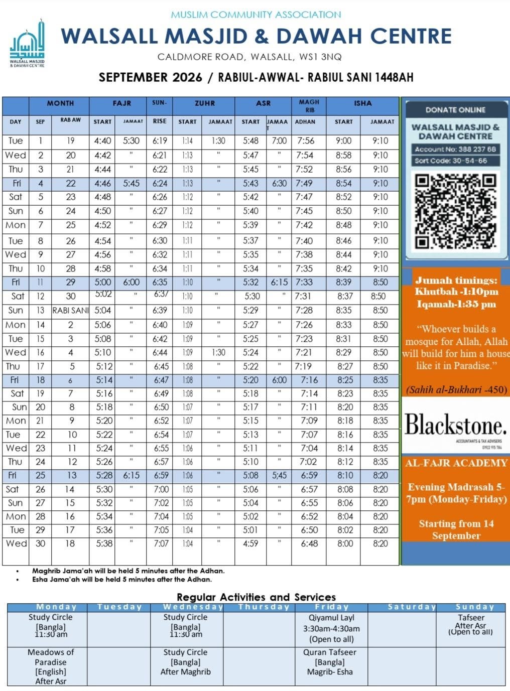 Timetable published by Walsall Masjid & Dawah Centre for September 2026