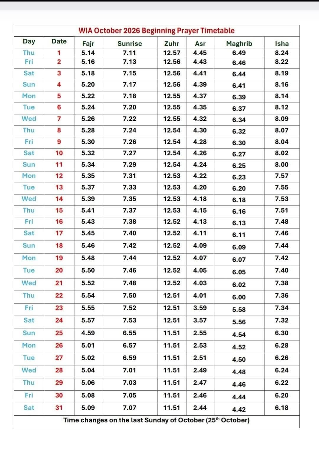 Timetable published by Warrington Islamic Association for October 2026