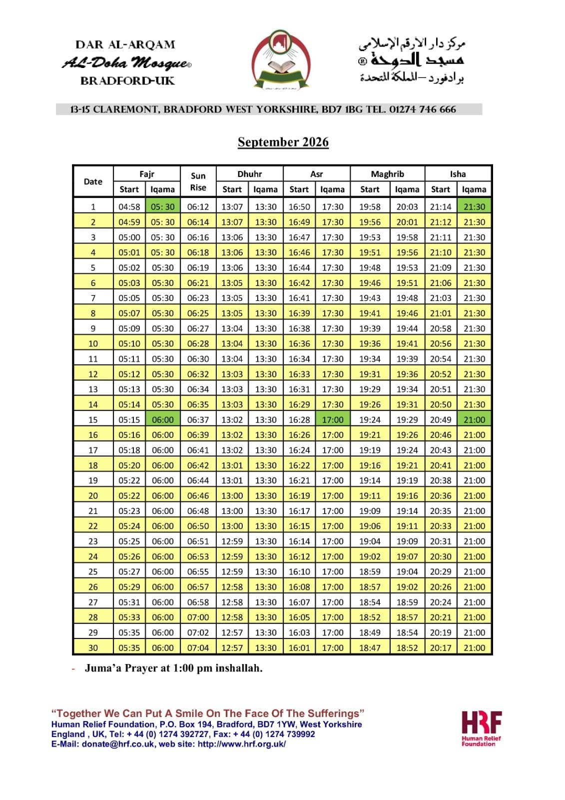 Timetable published by Doha Masjid for September 2026