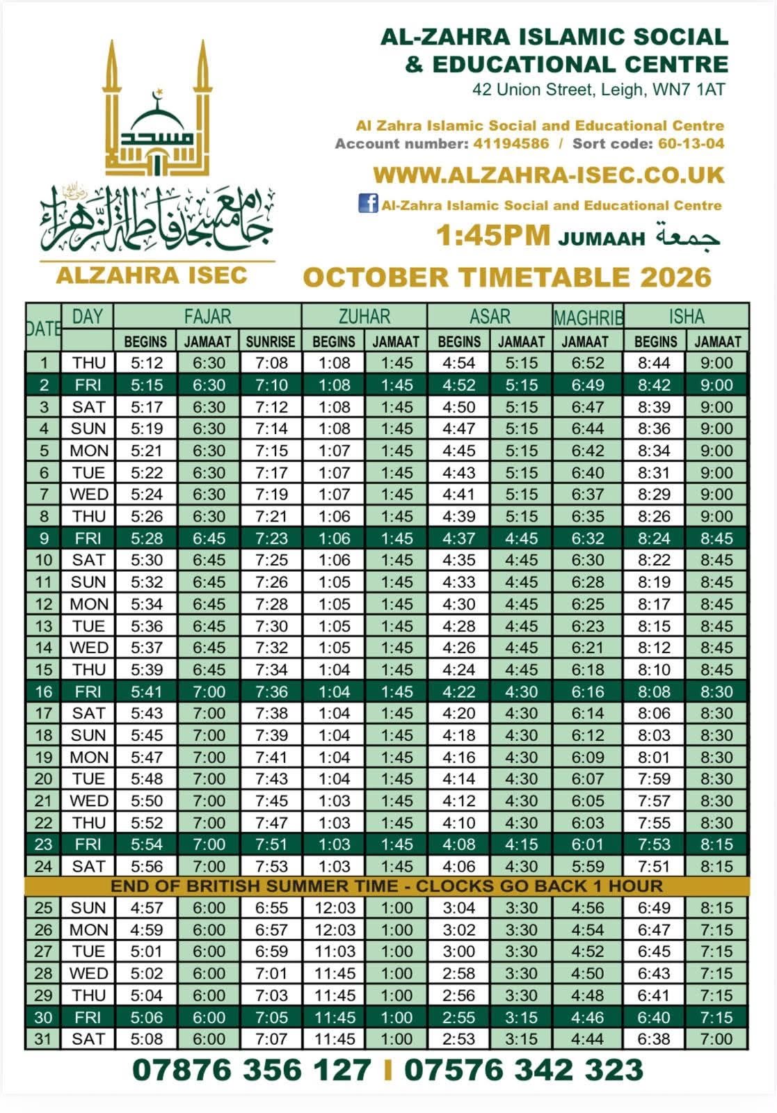 Timetable published by Jamia Masjid Fatimah Al-Zahra for October 2026