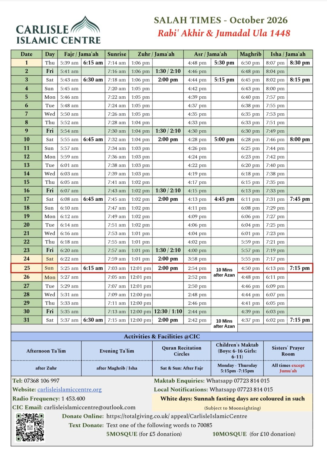 Timetable published by Carlisle Islamic Centre (Shah Jalal) for October 2026