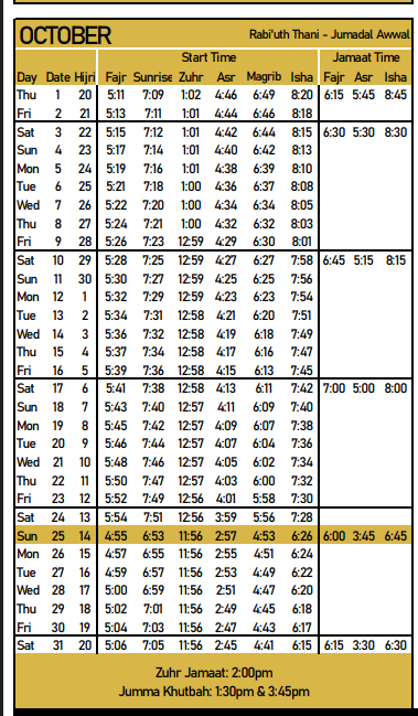 Timetable published by Jamia Masjid Noor for October 2026