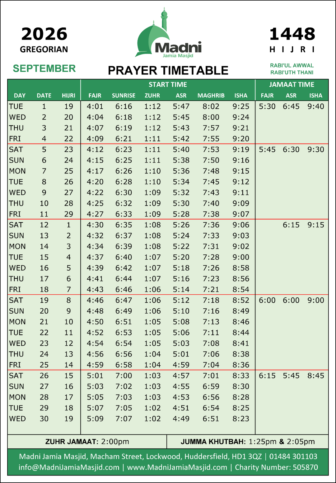 Timetable published by Madni Jamia Masjid for September 2026