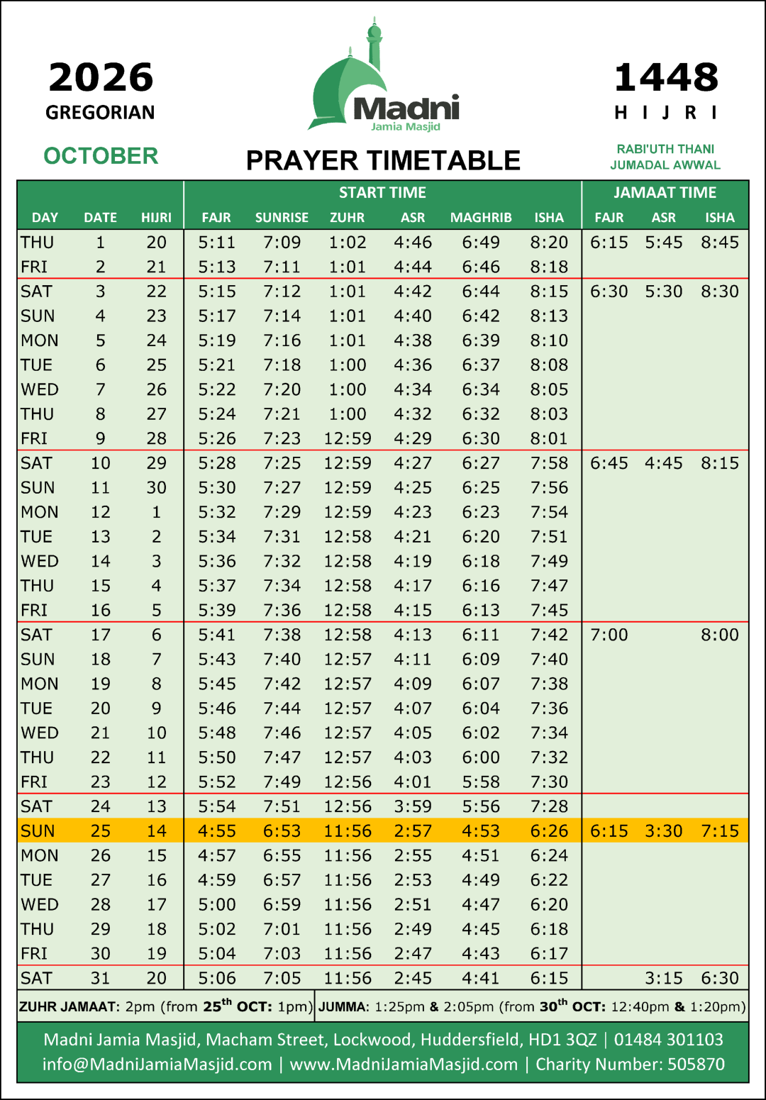 Timetable published by Madni Jamia Masjid for October 2026
