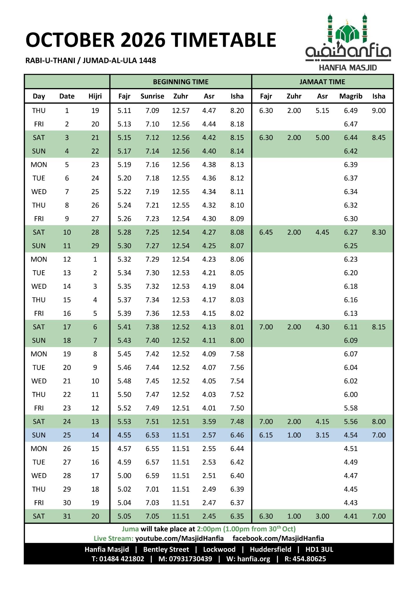 Timetable published by Hanfia Masjid for October 2026