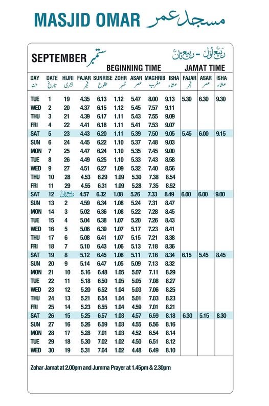 Timetable published by Masjid Omar for September 2026