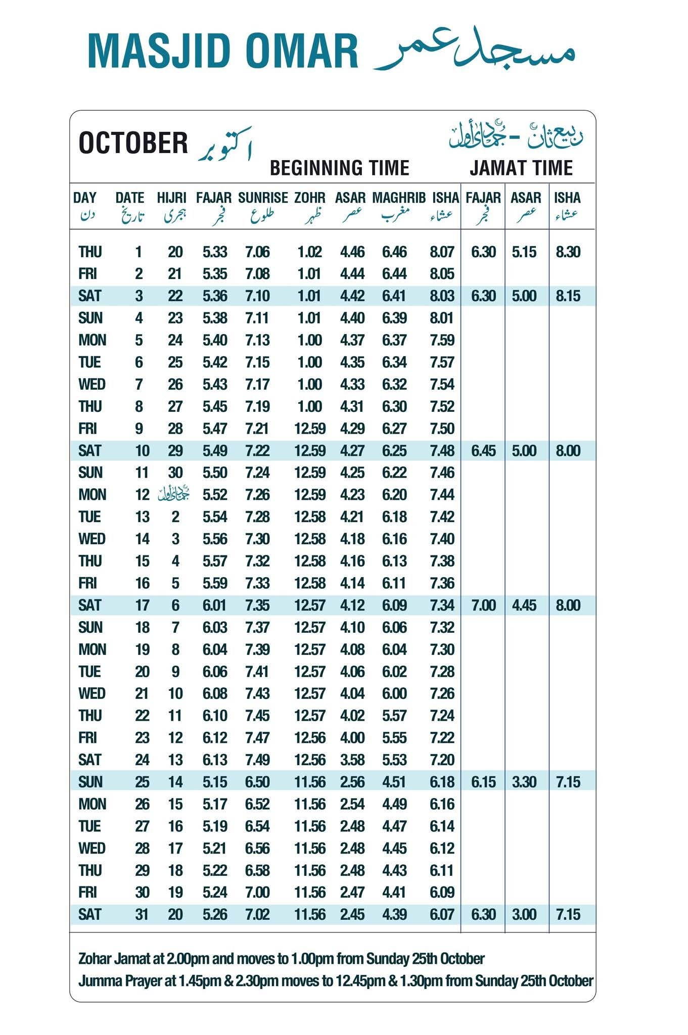 Timetable published by Masjid Omar for October 2026