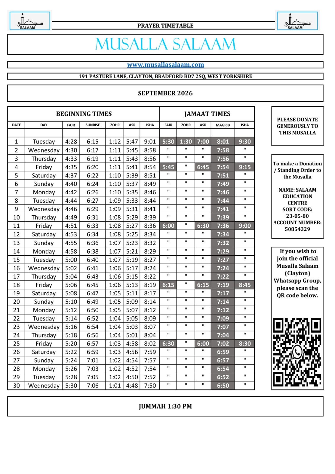 Timetable published by Musalla Salaam for September 2026