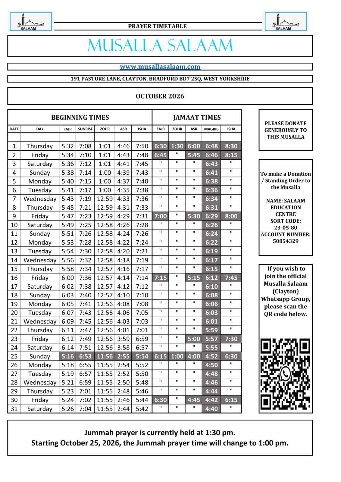 Timetable published by Musalla Salaam for October 2026