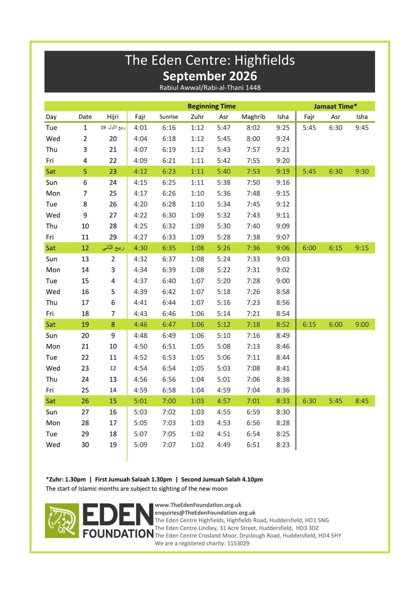 Timetable published by Eden Highfields for September 2026