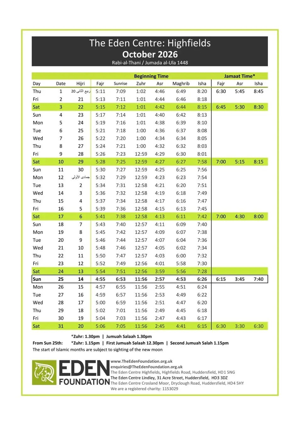 Timetable published by The Eden Centre - Highfields for October 2026