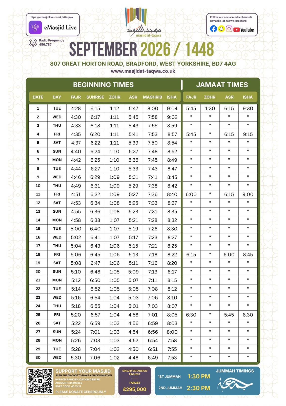 Timetable published by Masjid-at-Taqwa for September 2026