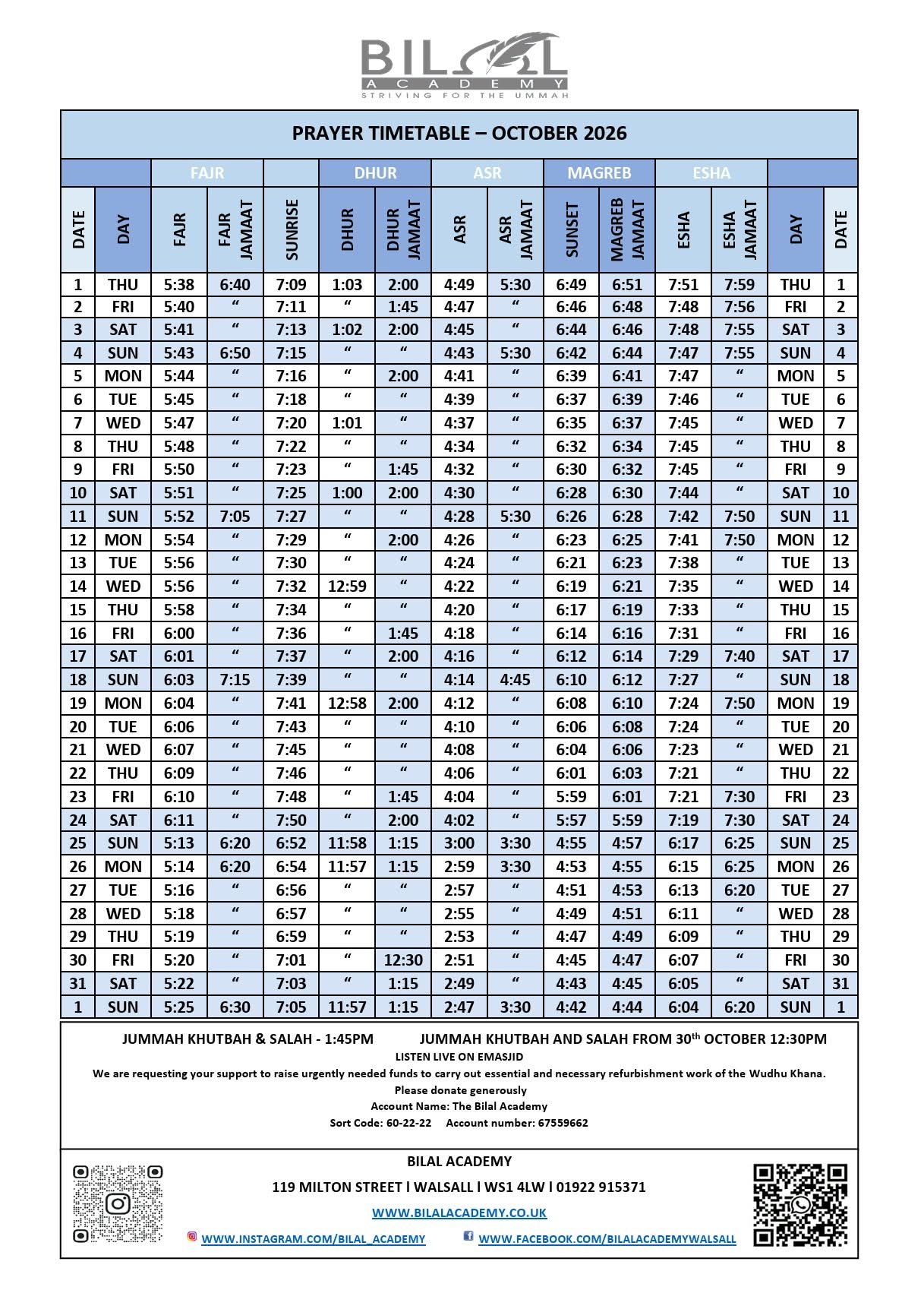 Timetable published by Bilal Academy for October 2026