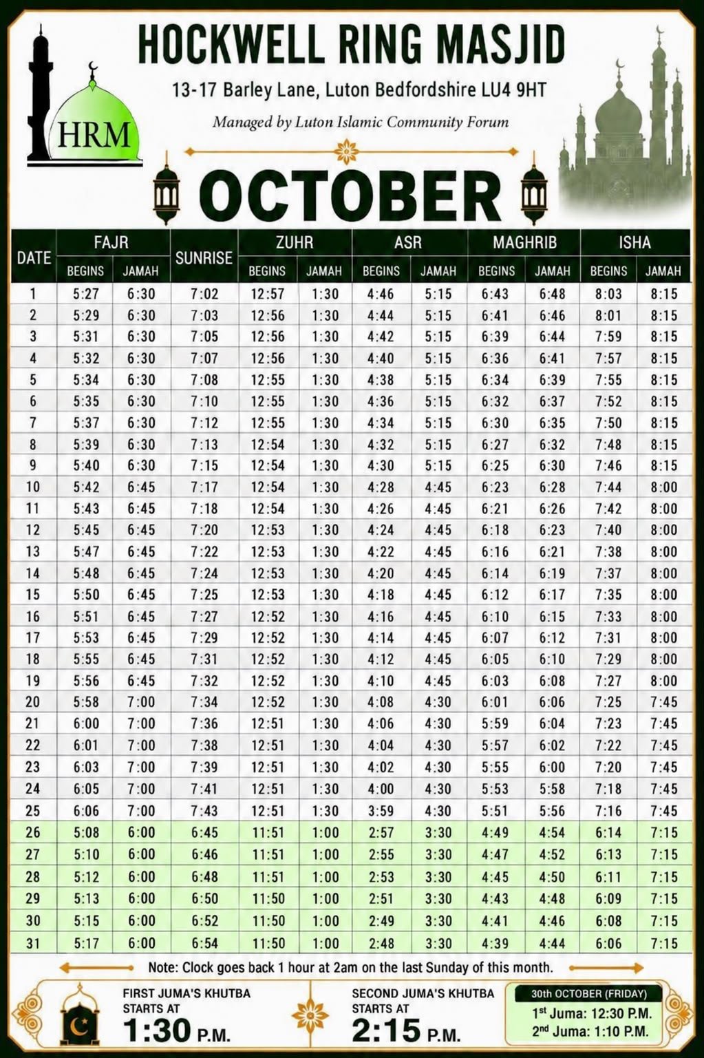 Timetable published by Hockwell Ring Masjid for October 2026