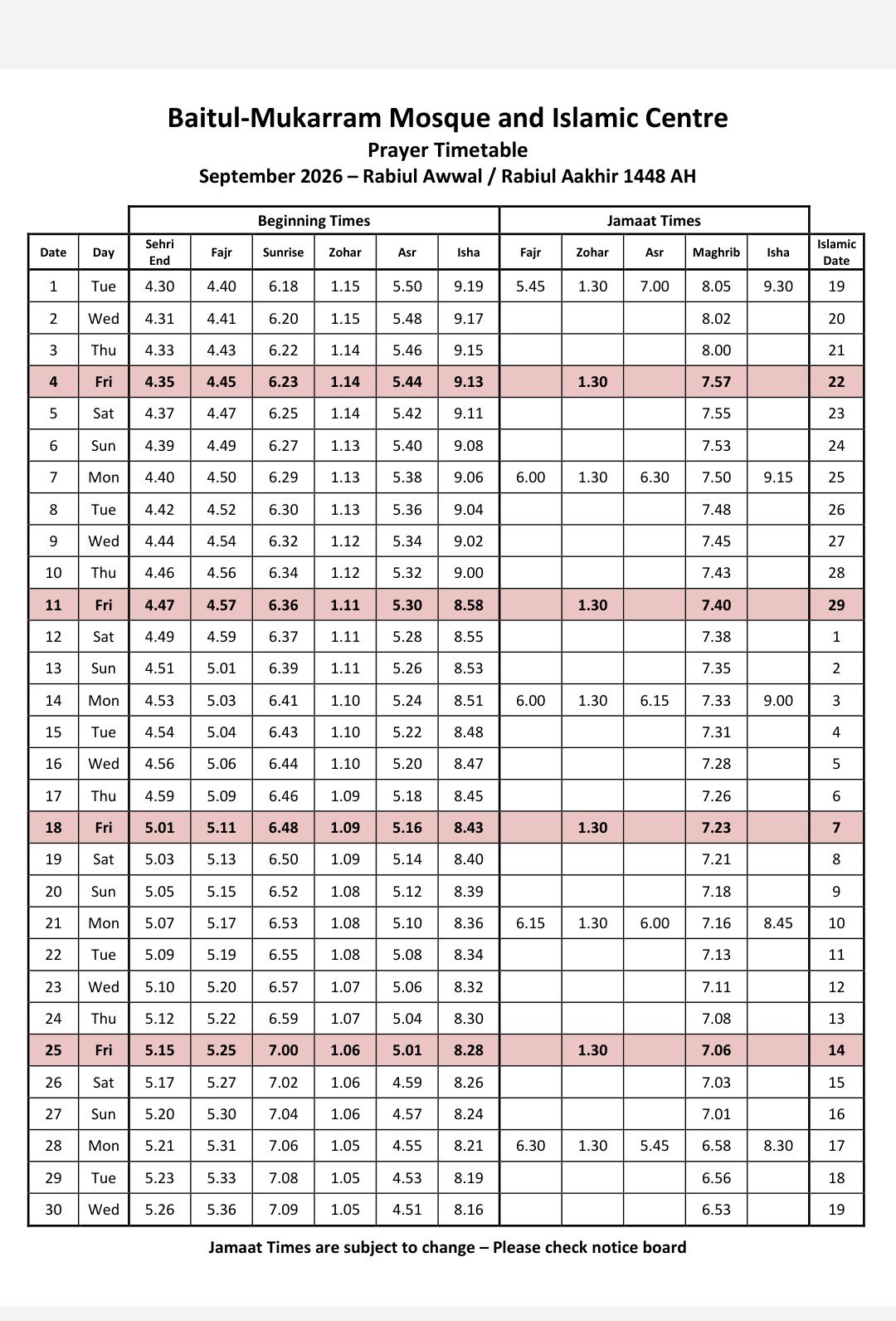 Timetable published by Baitul Mukarram for September 2026