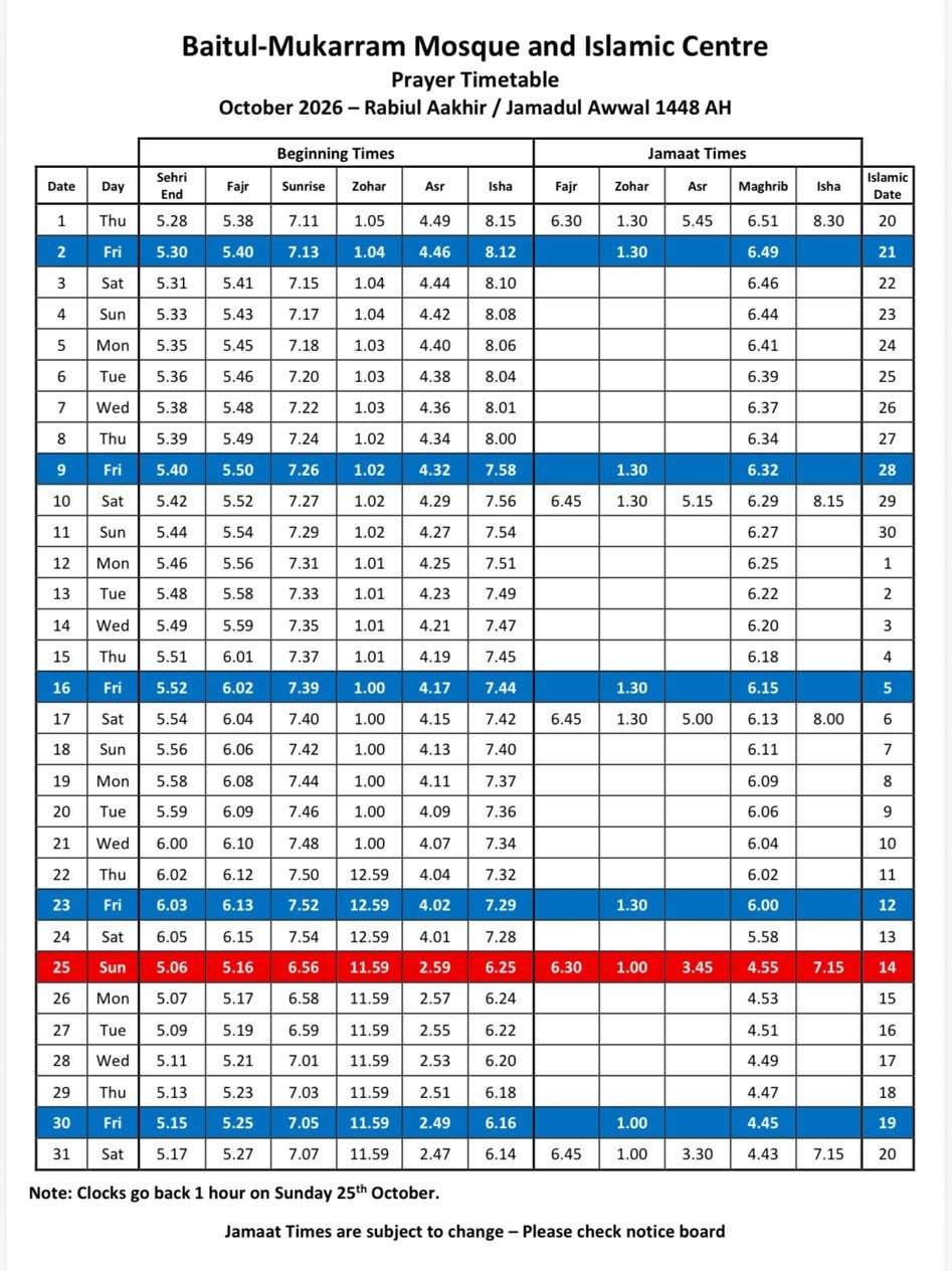 Timetable published by Baitul Mukarram for October 2026