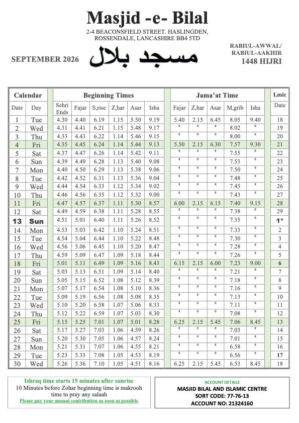 Timetable published by Masjid-e-Bilal for September 2026