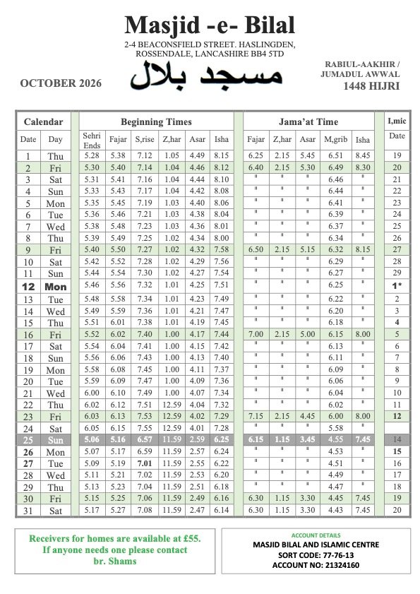 Timetable published by Masjid-e-Bilal for October 2026