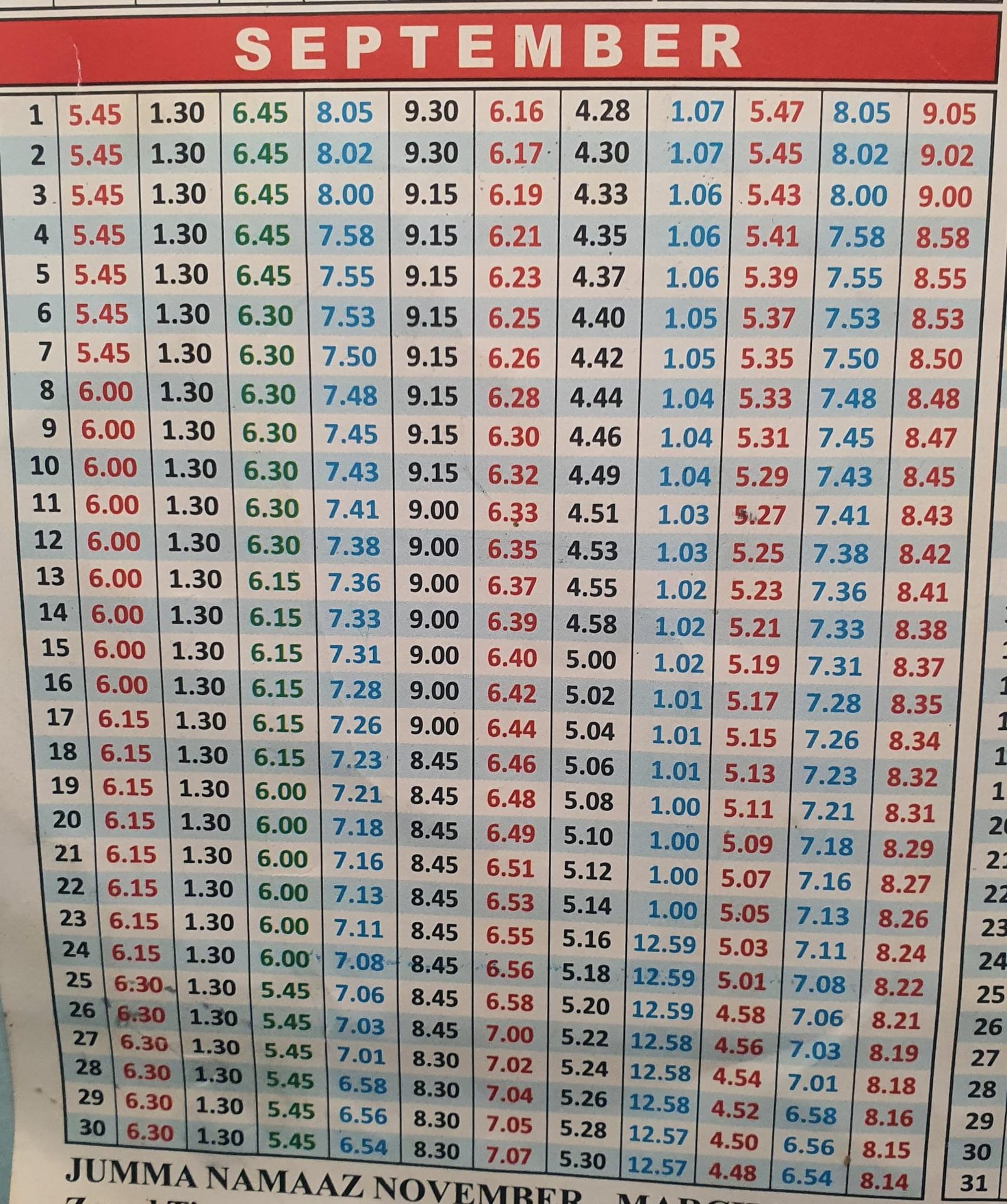 Timetable published by Pakistan Islamic Centre for September 2026
