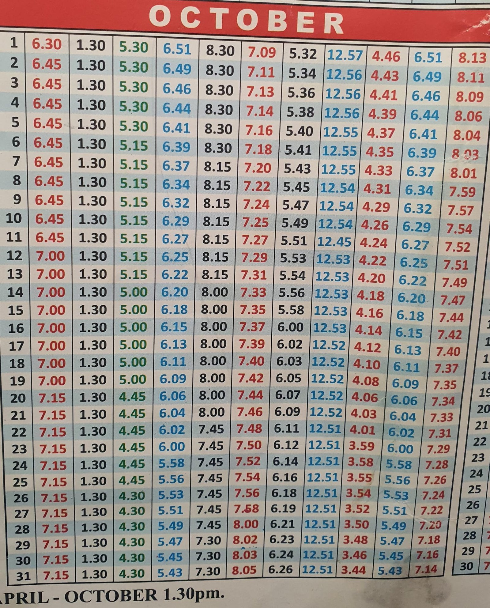 Timetable published by Pakistan Islamic Centre for October 2026