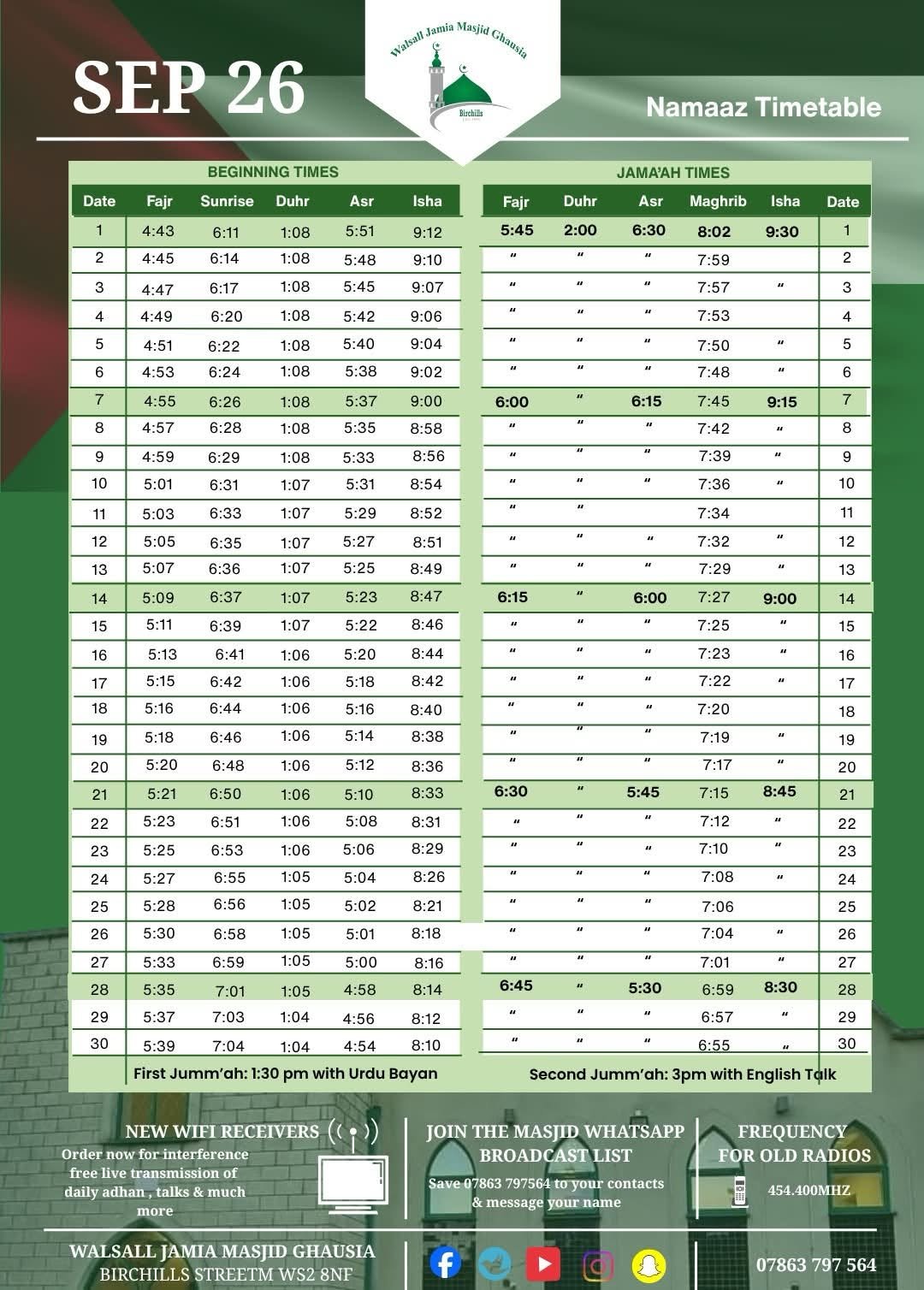 Timetable published by Walsall Jamia Masjid Ghausia for September 2026