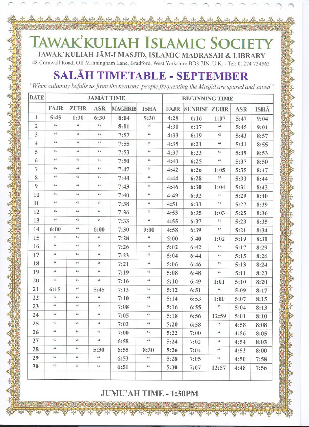 Timetable published by Tawakkulia Jamia Masjid for September 2026