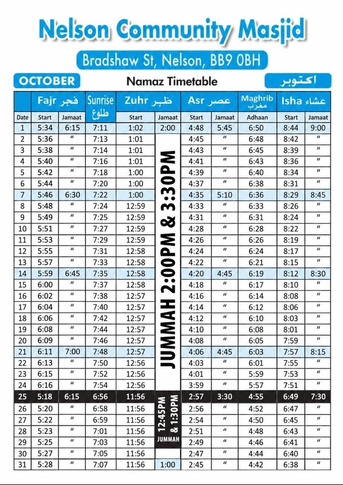 Timetable published by Nelson Community Masjid for October 2026