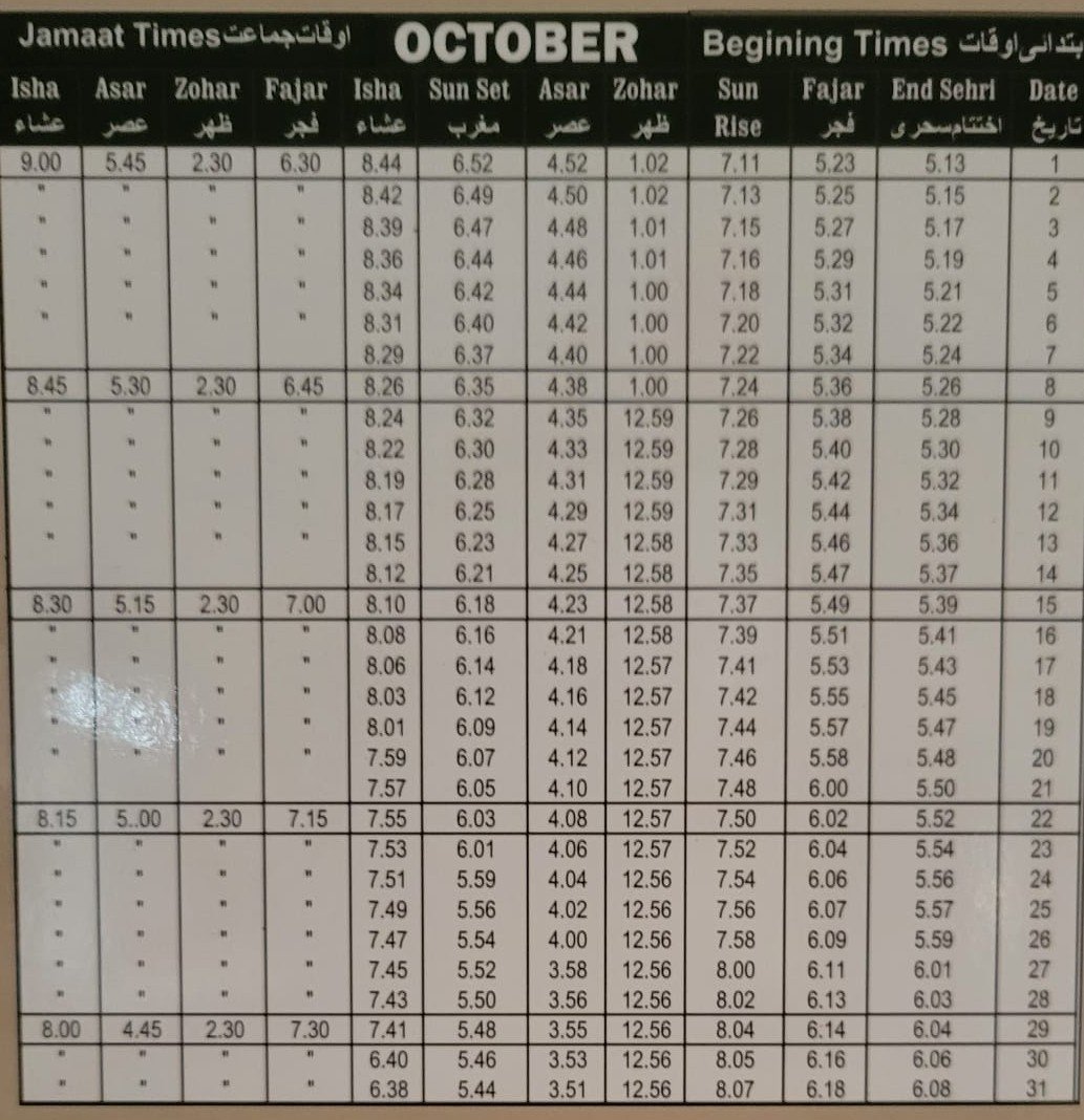 Timetable published by Jamia Mosque Sultania & Education Centre for October 2026