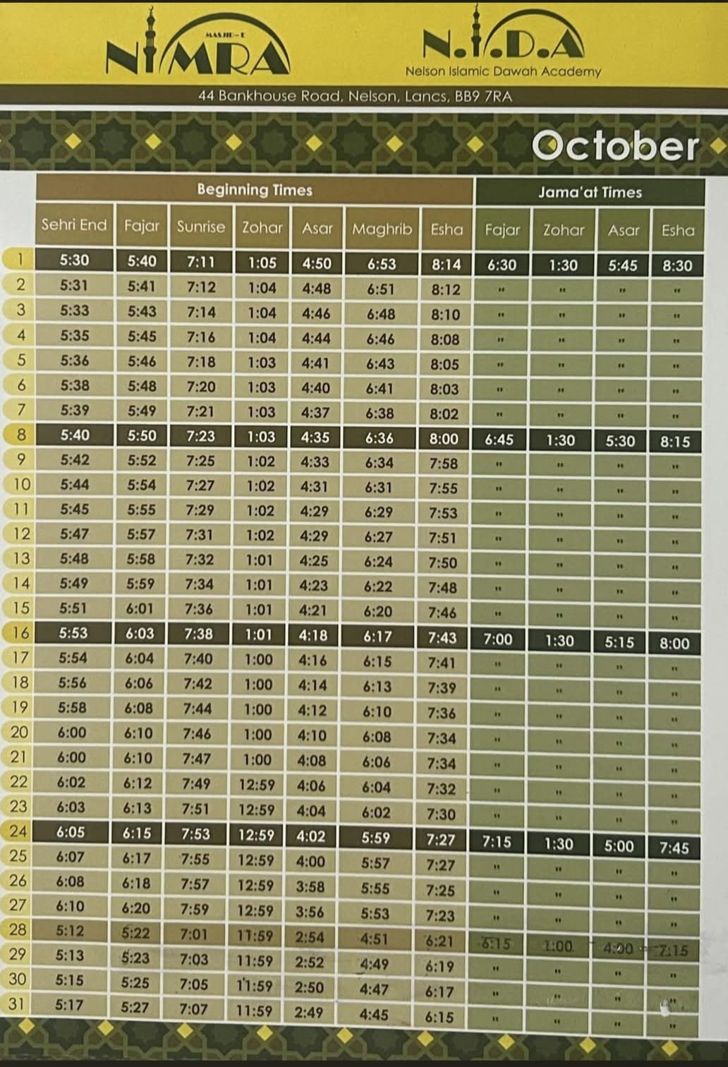 Timetable published by Masjid-e-Nimra for October 2026