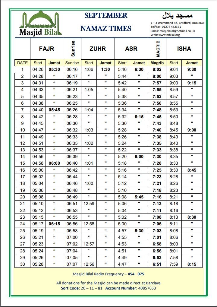 Timetable published by Masjid Bilal for September 2026