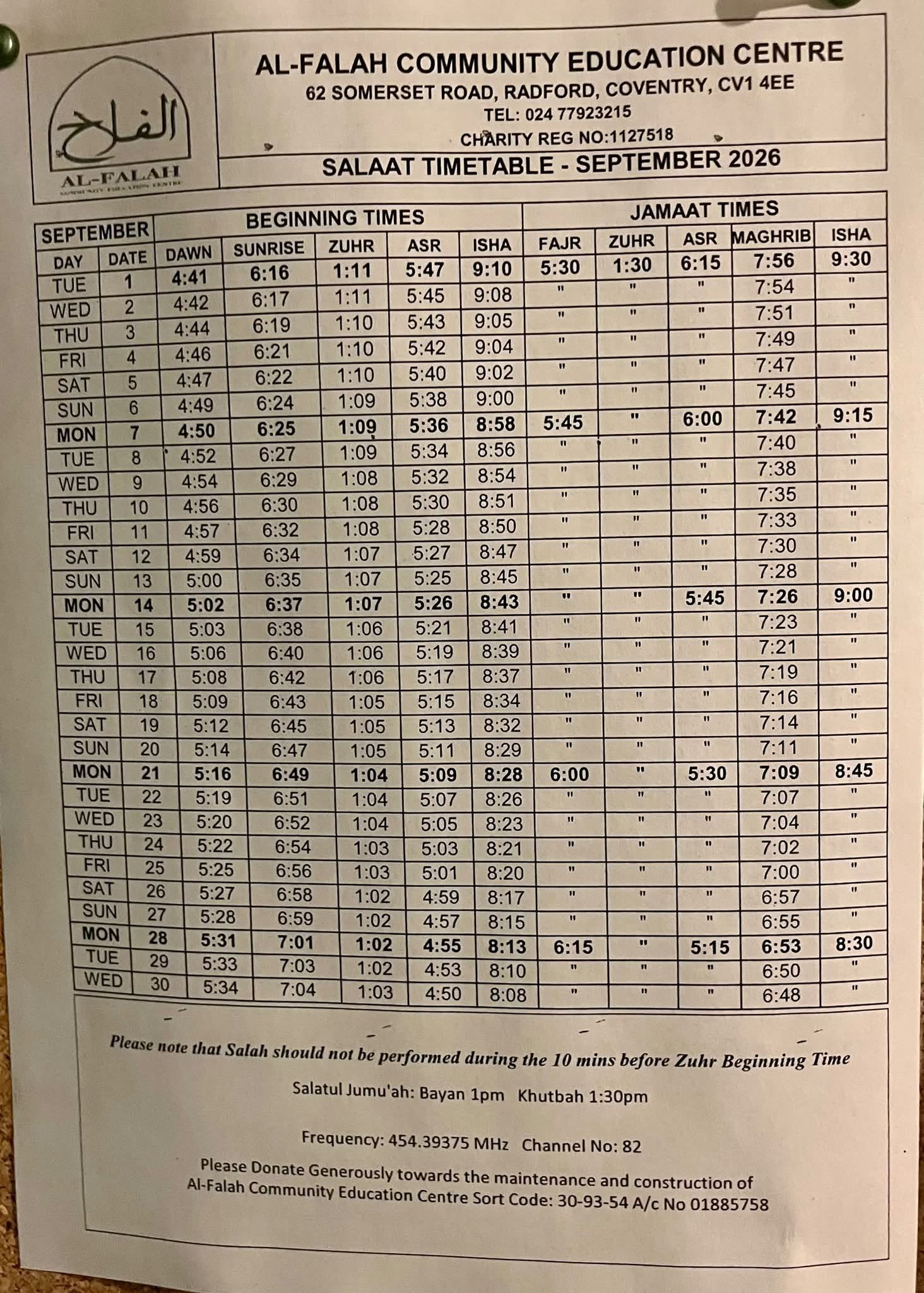 Timetable published by Masjid Al Falah Community Education for September 2026