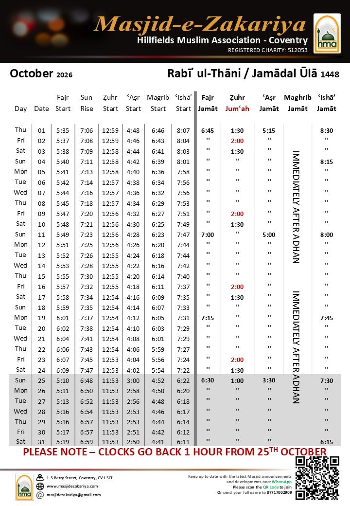 Timetable published by Masjid-e-Zakariya (HMA) for October 2026