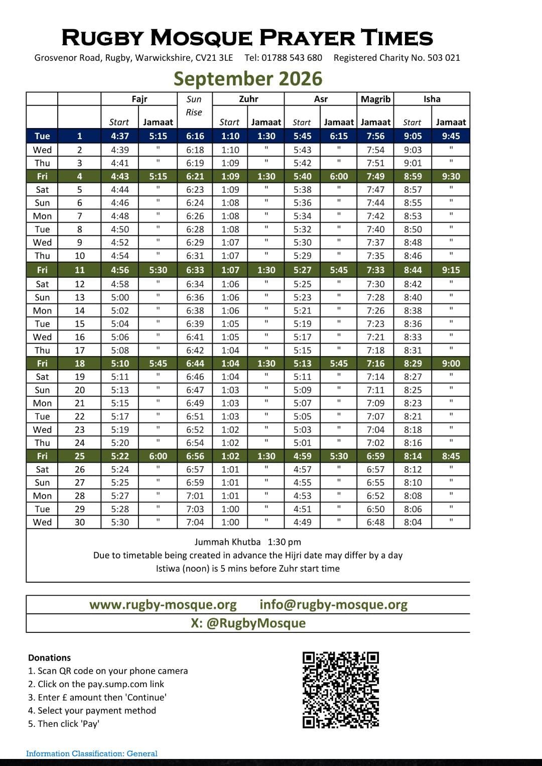 Timetable published by Rugby Mosque Society for September 2026