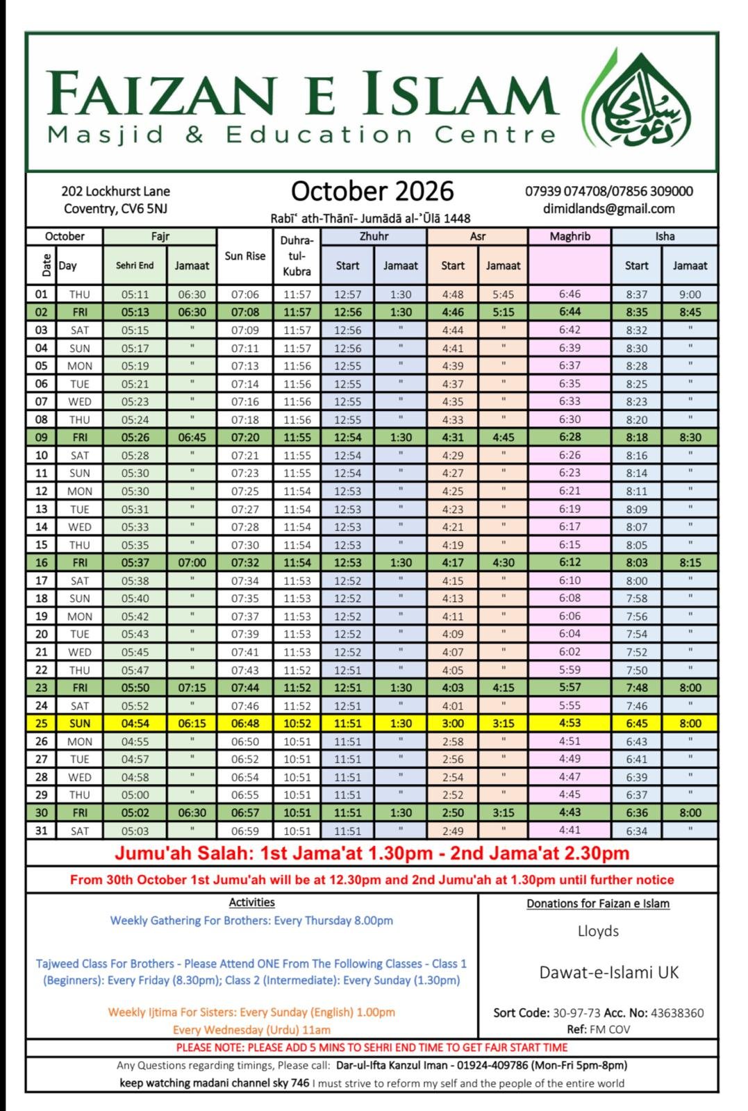 Timetable published by Faizan-e-Islam (Coventry) for October 2026