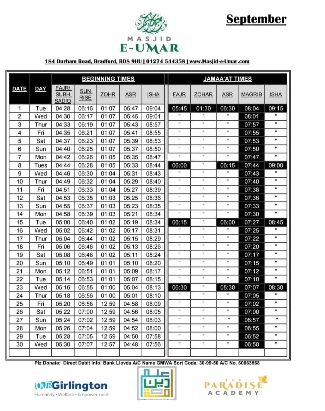 Timetable published by Masjid Umar for September 2026