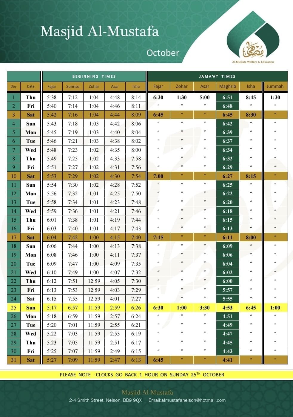 Timetable published by Al-Mustafa Welfare & Education for October 2026