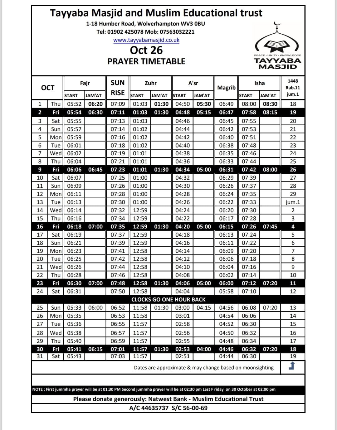 Timetable published by Tayyaba Masjid for October 2026