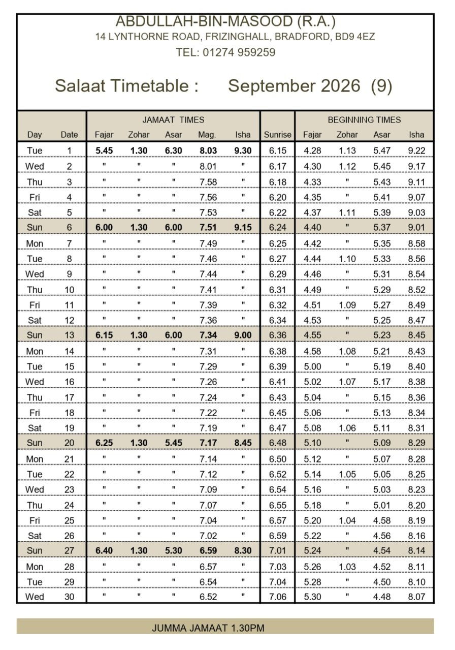 Timetable published by Masjid Abdullah bin Masood for September 2026