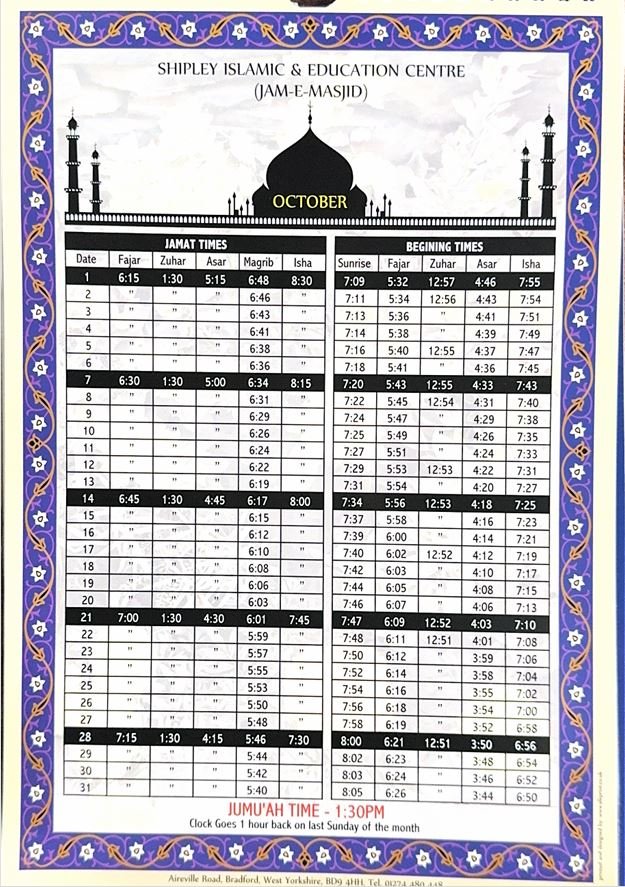 Timetable published by Shipley Islamic Education Centre for October 2026