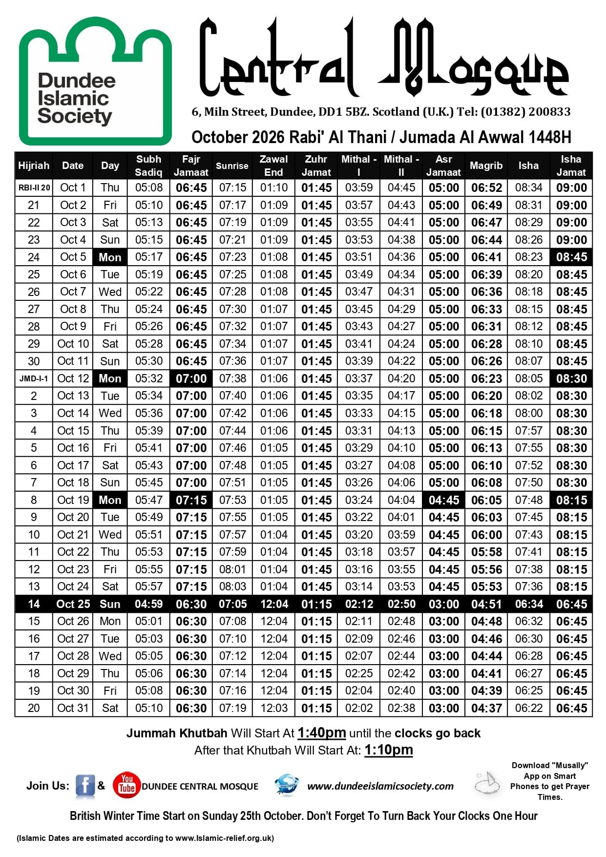 Timetable published by Dundee Central Mosque for October 2026