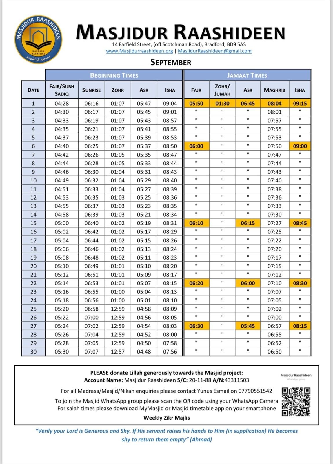 Timetable published by Masjidur Raashideen for September 2026